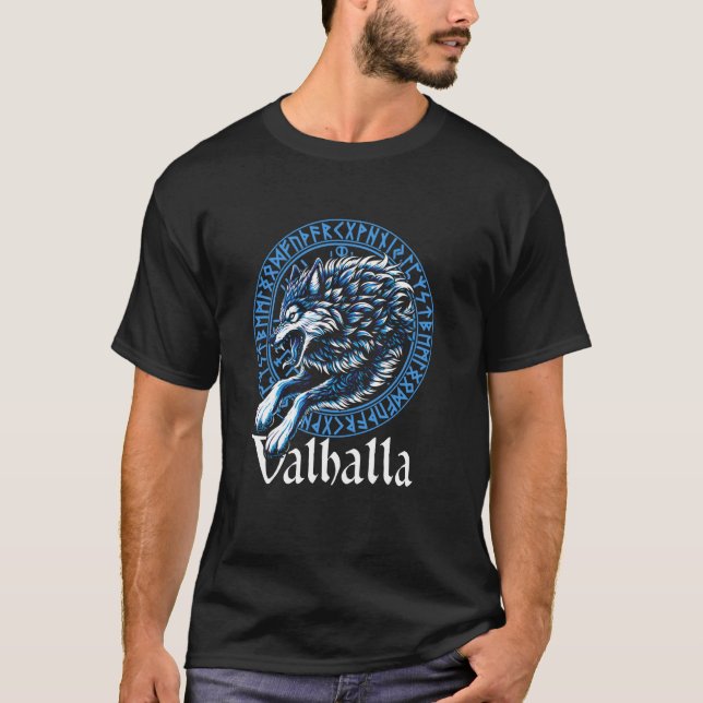 Camiseta Walhalla Wolf Wolves Odin's Companion Geri e Fre (Frente)