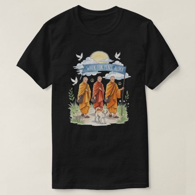 Camiseta Walk for Peace Monks and Dog | Spiritual Zen Journ (Frente do Design)