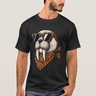 Camiseta Walrus Vestindo Leopard Scarf Animal Vestindo Sung