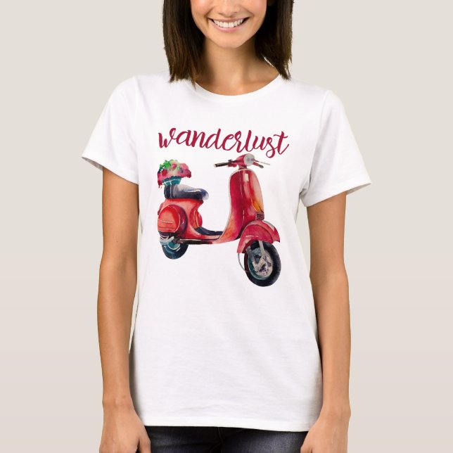 Camiseta Wanderlust - Patinete Vermelho Chic - Estilo Europ (Frente)