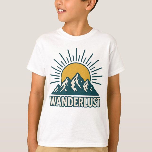 Camiseta Wanderlust Retro Teal Mountain Sunrise | Hiking (Frente)