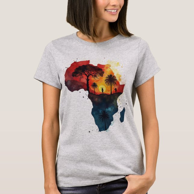 Camiseta Watercolor Africa Sunset Silhouette Art Print (Frente)