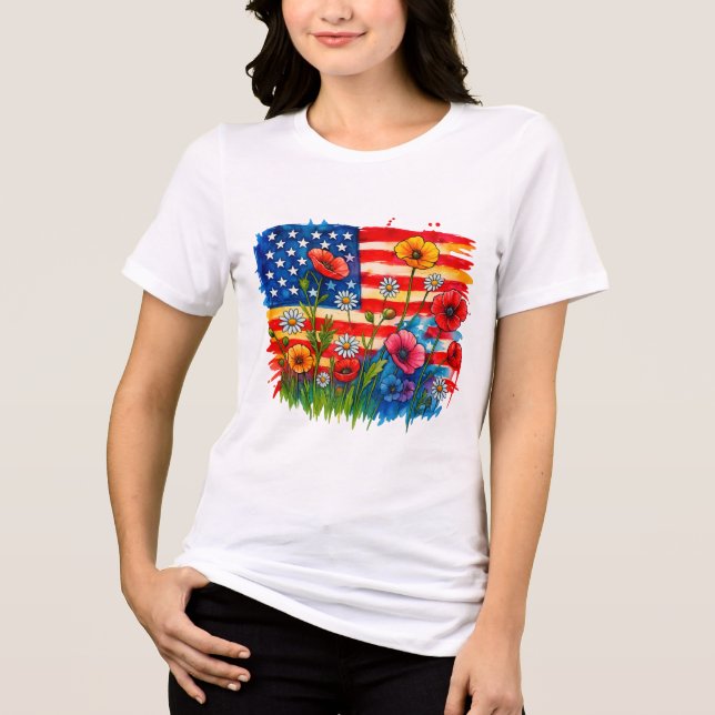 Camiseta Watercolor American Flag & Wildflower - Patriótico (Frente)