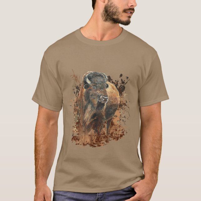 Camiseta Watercolor Bison Buffalo Animal Willife Nature (Frente)