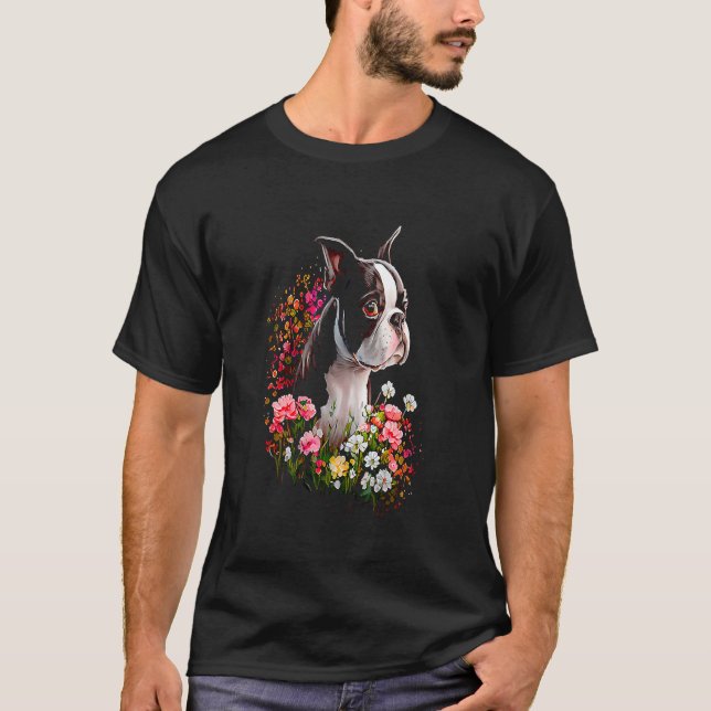 Camiseta Watercolor Boston Terrier com flores Bostie 23 (Frente)