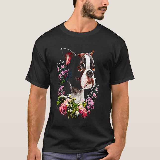 Camiseta Watercolor Boston Terrier com flores Bostie 37 (Frente)