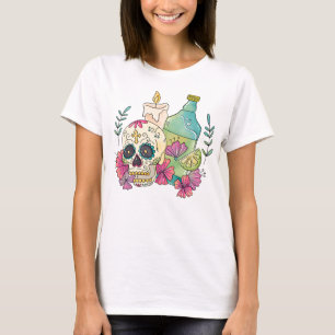 Camiseta Watercolor Dia de los Muertos Skull, Candle, Drink