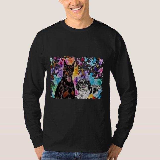 Camiseta Watercolor Doberman E Shih Tzu (Frente)