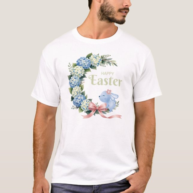 Camiseta Watercolor Easter Hydrangea Wreath Cute Bunny (Frente)