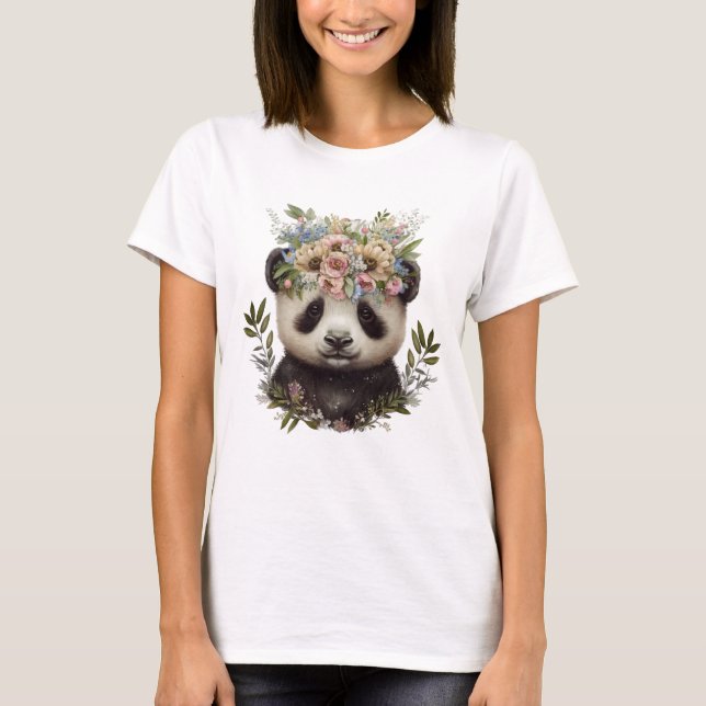 Camiseta Watercolor Floral Baby Panda Cute (Frente)