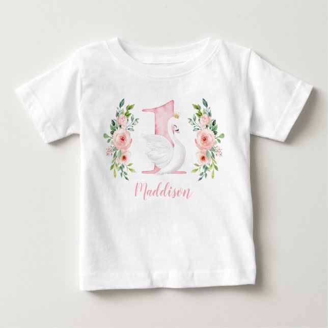 Camiseta Watercolor Floral Swan Princess primeiro aniversar (Frente)