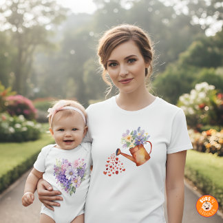 Camiseta Watercolor Floral Watering Can Matching Mommy LS