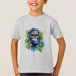Camiseta Watercolor Jungle Gorilla com óculos e folhas sola