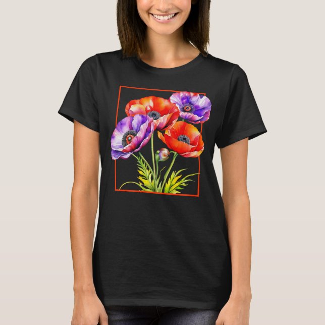 Camiseta Watercolor Memorial Day Red and Purple Poppies (Frente)