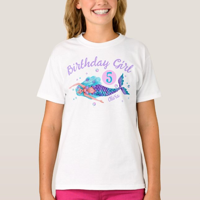 Camiseta Watercolor Mermaid Birthday Girl (Frente)