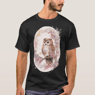 Camiseta Watercolor Owl Cherry Blossom Japonês Sakura