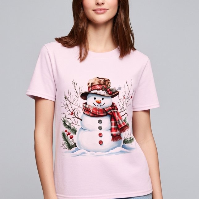 Camiseta Watercolor Snowman Classic Plaid Scarf Winter (Criador carregado)