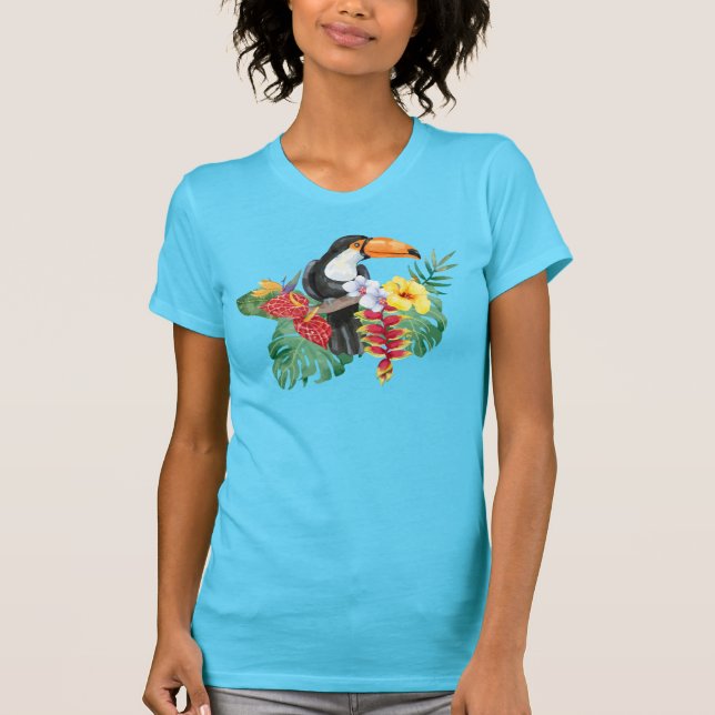 Camiseta Watercolor Toucan e Hibiscus (Frente)