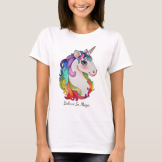 Camiseta Watercolor Unicorn Com Cabelo Arco-Íris