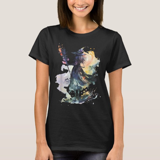 Camiseta Watercolor Witch Halloween Fall Autumn Art Paintin (Frente)
