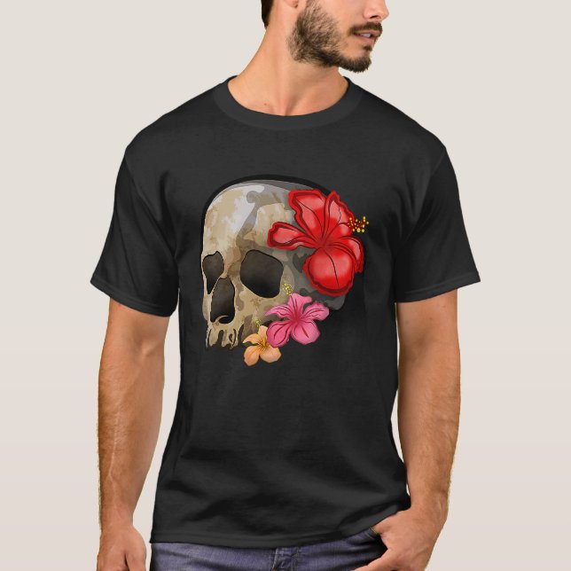 Camiseta Watercolour hippie gothic skull hibiscus floral Ha (Frente)