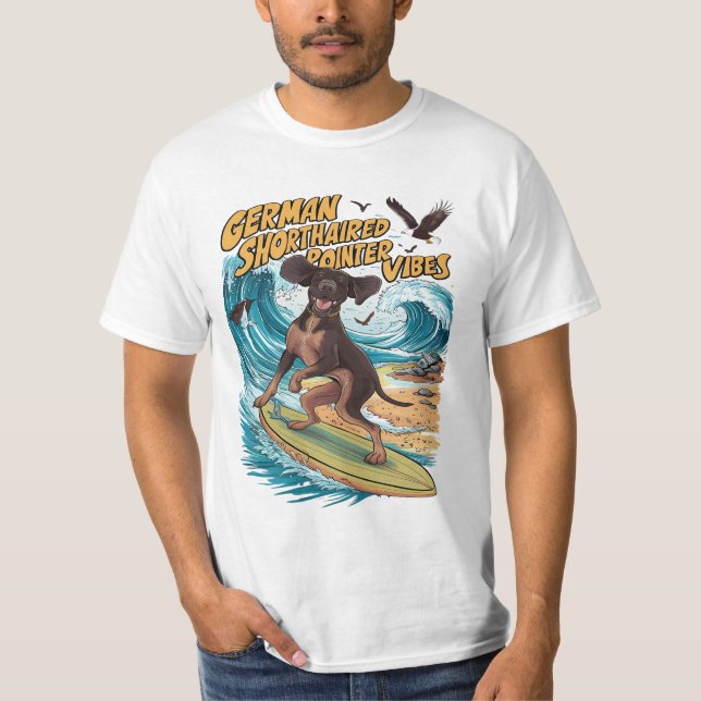 Camiseta Wave Rider German Shorired Pointer Surfing (Frente)