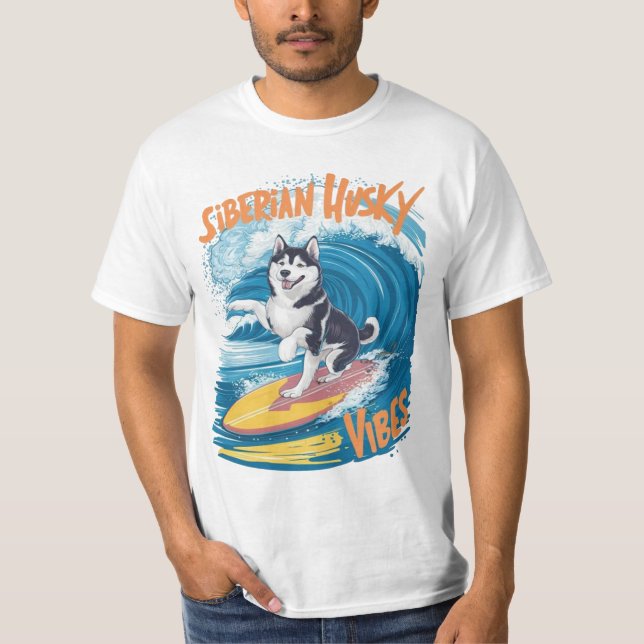 Camiseta Wave Rider Siberian Husky Dog Surfing (Frente)