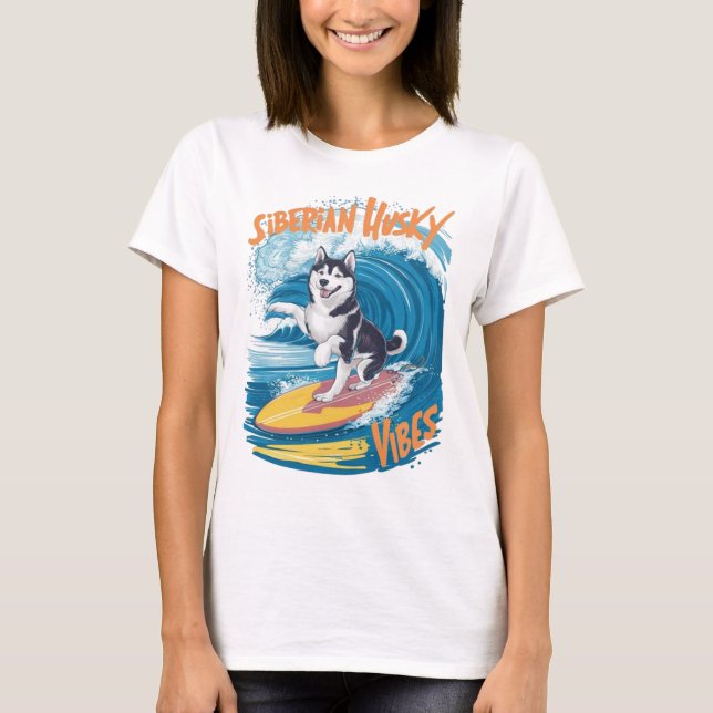 Camiseta Wave Rider Siberian Husky Dog Surfing (Frente)
