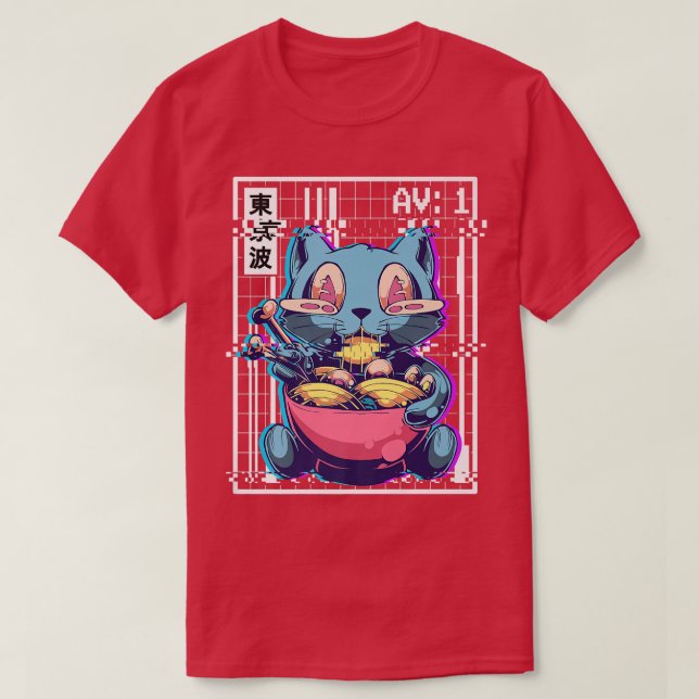 Camiseta Weirdcore Cat Ramen Glitch Vaporwave Aestético Pas (Frente do Design)