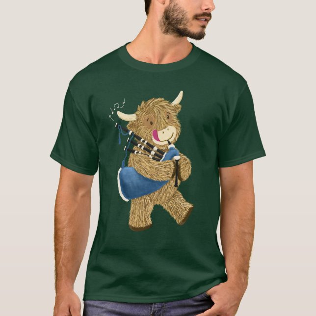 Camiseta Weish Hamish Highland Cow Tocando Bagtubos (Frente)