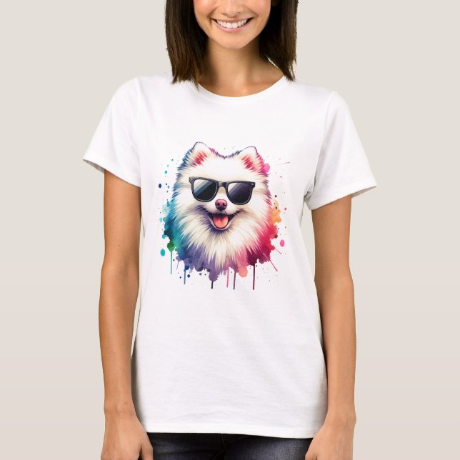 Camiseta Weißer kleiner Spitz Hund mit Sonnenbrille (Frente)