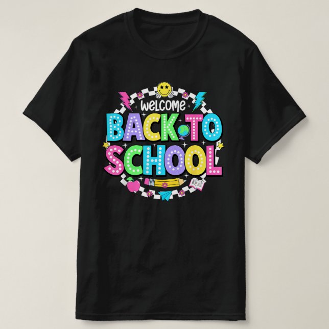 Camiseta Welcome Back to School – Neon Retro Teacher Tee (Frente do Design)