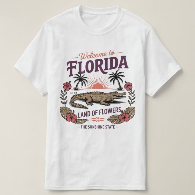 Camiseta Welcome to Florida Alligator Sunshine State Est. (Frente do Design)