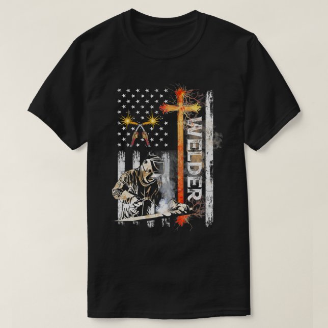 Camiseta Welder American Flag Welder Welding Faith Cross Ch (Frente do Design)