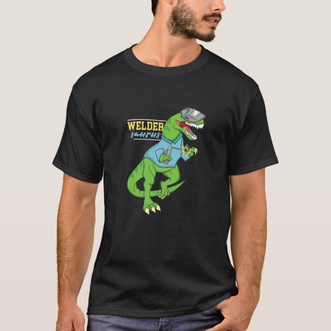 Camiseta Weldersaurus Soldando Dinossauro Trabalho de arte  (Frente)