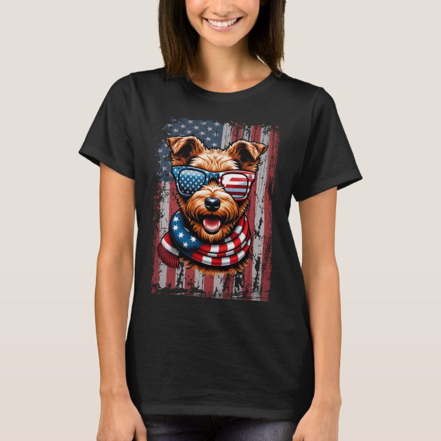 Camiseta Welsh Terrier Dog Sobrevoa A Bandeira Dos Eua 4 De (Frente)