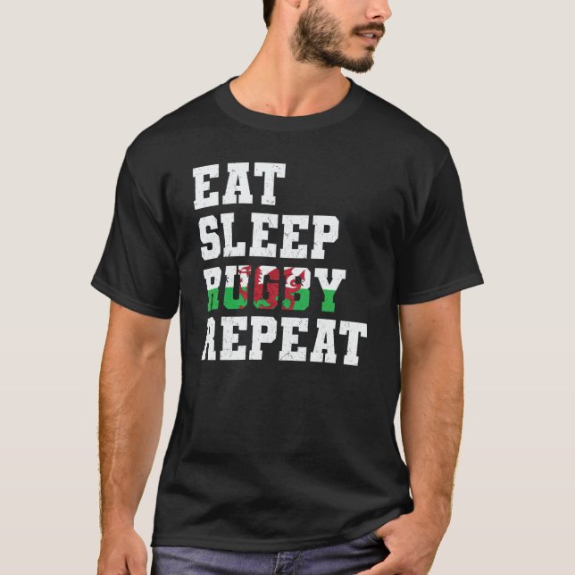 Camiseta Welsh Wales Eat Sleep Rugby Repeat (Frente)