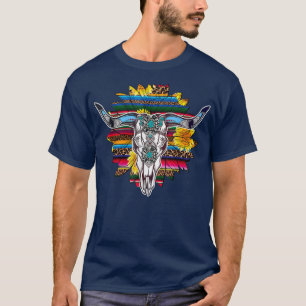Camiseta Western Boho Sunflower Turquoise Cow Bull