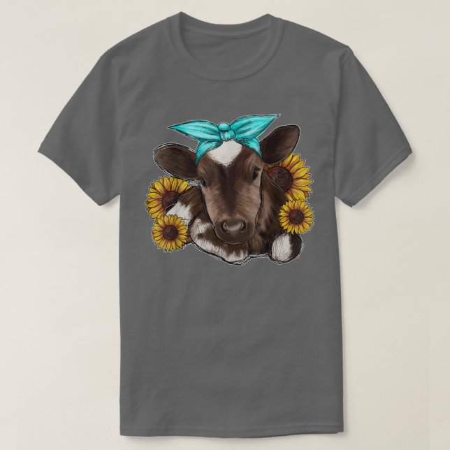 Camiseta Western Country Baby Cow Calf With Sunflower Cow F (Frente do Design)