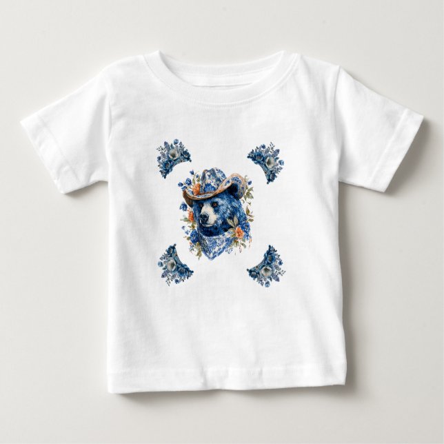 Camiseta Western Cowboy Bear - Blue Bear with Floral Bandan (Frente)