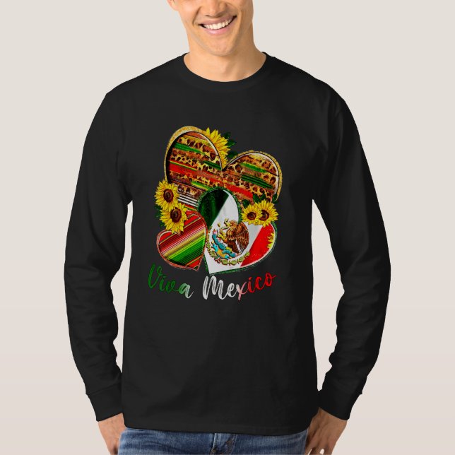 Camiseta Western Mexico Heart Sunflowers Viva Mexico Flag L (Frente)