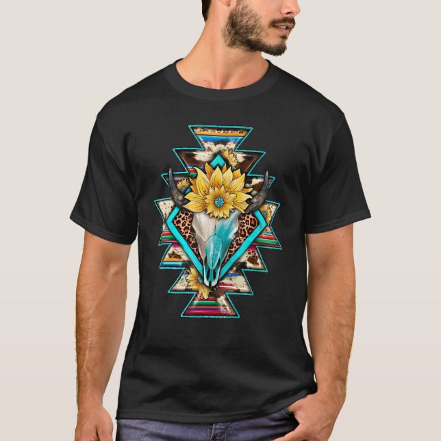 Camiseta Western Serape Sunflower Leopardo Aztec Bull Crâni (Frente)