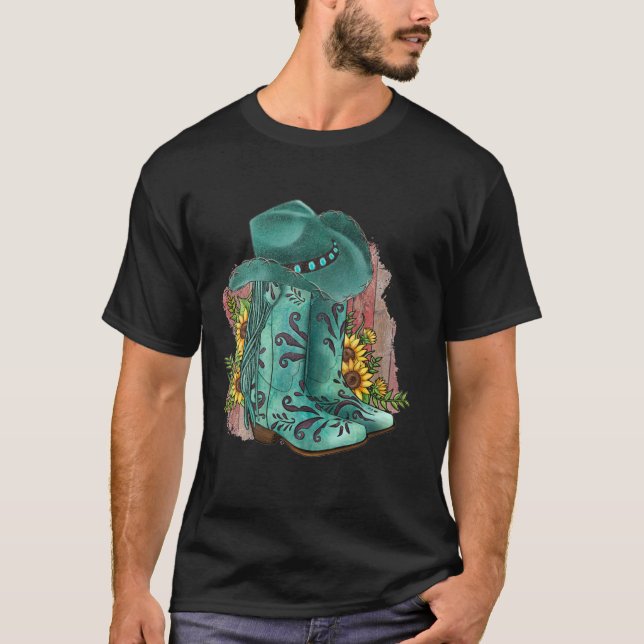 Camiseta Western Turquoise Cowboy Boots Hat And Sunflowers  (Frente)