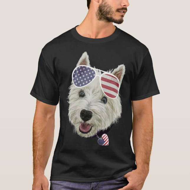 Camiseta Westie Dog Fourth Of July USA Flag Glasses And Hea (Frente)
