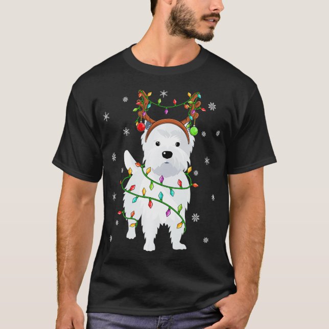 Camiseta Westie Dog Xmas Lighting Reindeer Hat Westie Chris (Frente)