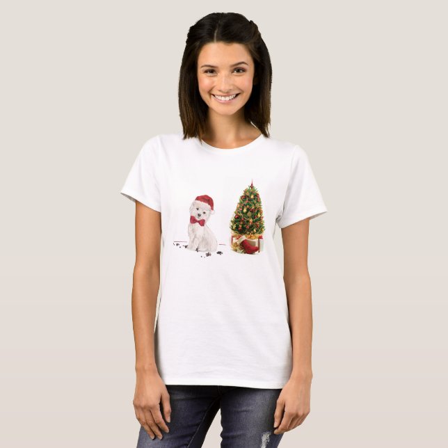 Camiseta Westie Engraçado Cachorro de Natal com Árvore (Frente Completa)