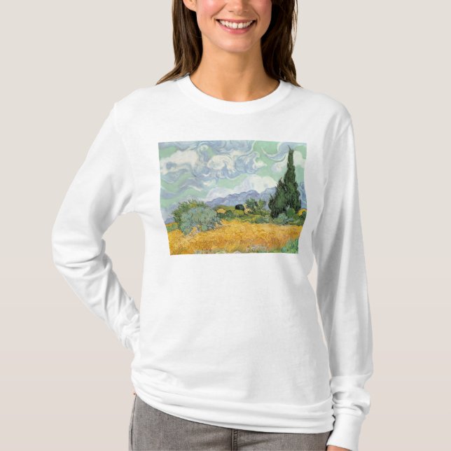 Camiseta Wheatfield com ciprestes, 1889 de Vincent van Gogh (Frente)