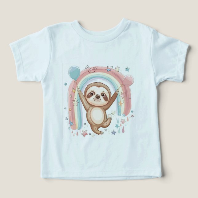 Camiseta Whimsic Sloth Segurando Balões com Rainbow Star (Design frontal)