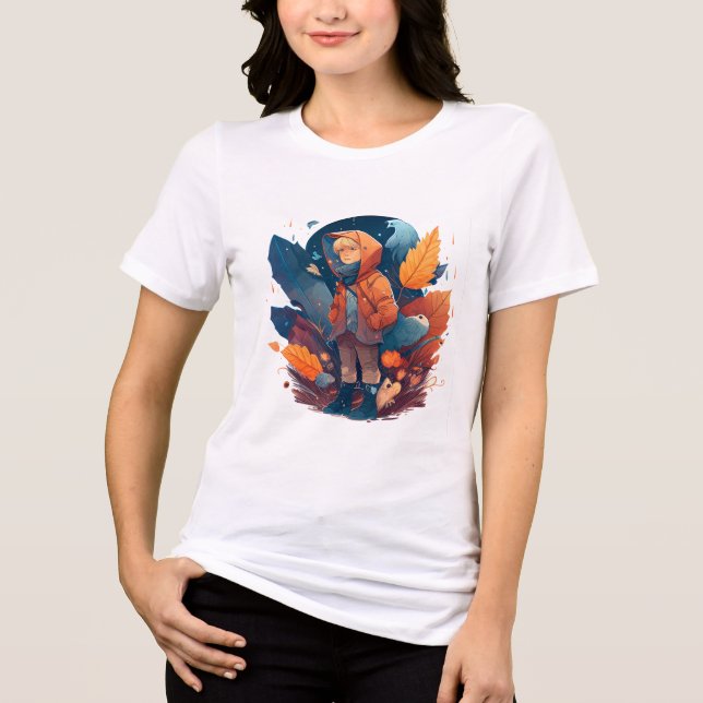 Camiseta Whimsical Autumn Boy in Forest Fantasy Graphic  (Frente)