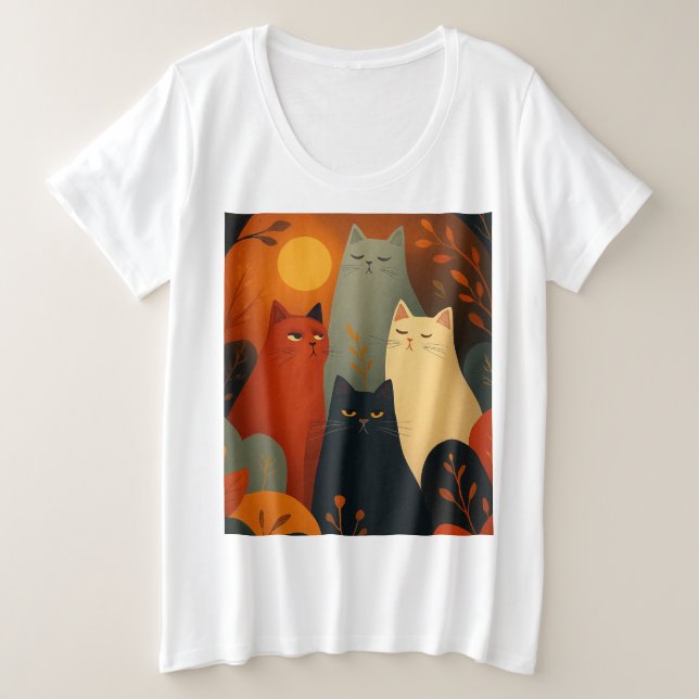Camiseta Whimsical Autumn Cats Mid Century Art (Frente do Design)